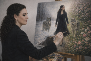 Antoinette Francis, poétesse et peintre peignant une scène symbolique de poésie existentielle sur la renaissance intérieure