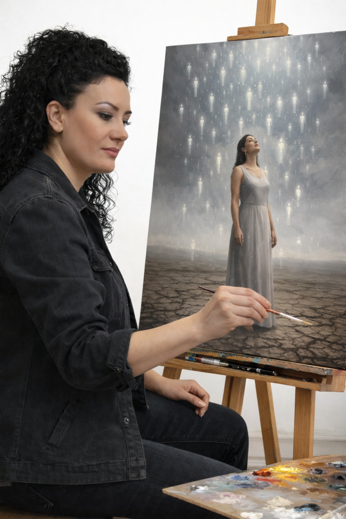 Antoinette Francis auteur et peintre peignant un tableau où la pluie symbolise l’origine de la vie et la mémoire du temps