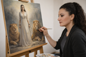 Antoinette Francis peignant un tableau représentant une femme libre entourée de deux lions, symbole de puissance et d’émancipation