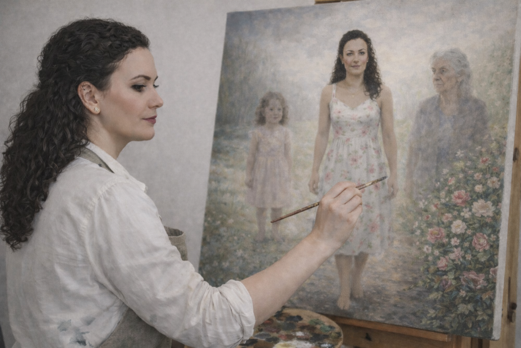 Antoinette Francis poétesse et peintre peignant un tableau illustrant le poème « Nous sommes nos souvenirs »